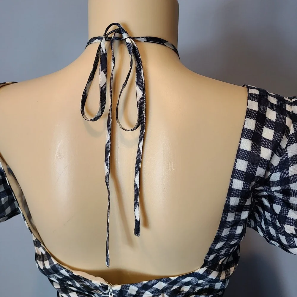 J crew collection tie neck maxi dress cap sleeve gingham black sz 12 Cottage NEW